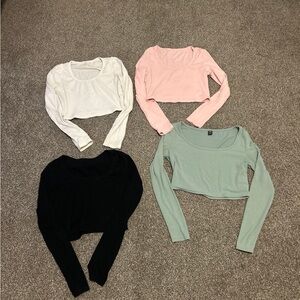 SHEIN Long-Sleeve Scoop Neck Cropped Top Set - Pink, White, Black, Sage